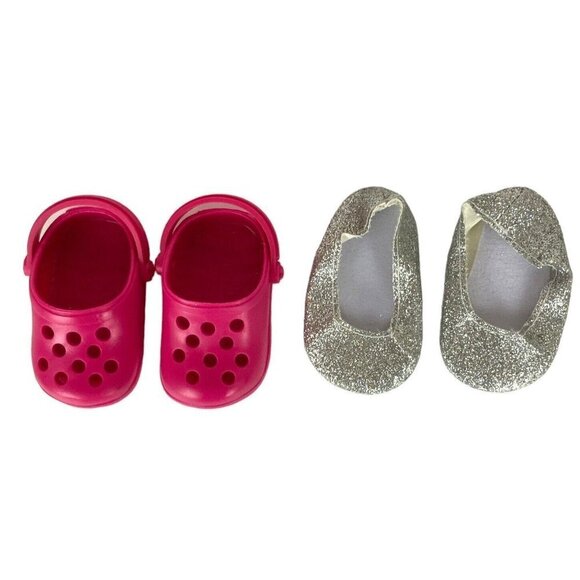 Our Generation Doll Shoe Lot Of 2 Pair Pink Plastic Clogs Silver Sparkly Flats - Picture 2 of 16
